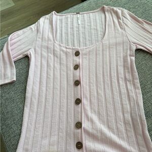 Free People Pink Ribbed Button-Front Scoop Neck Top